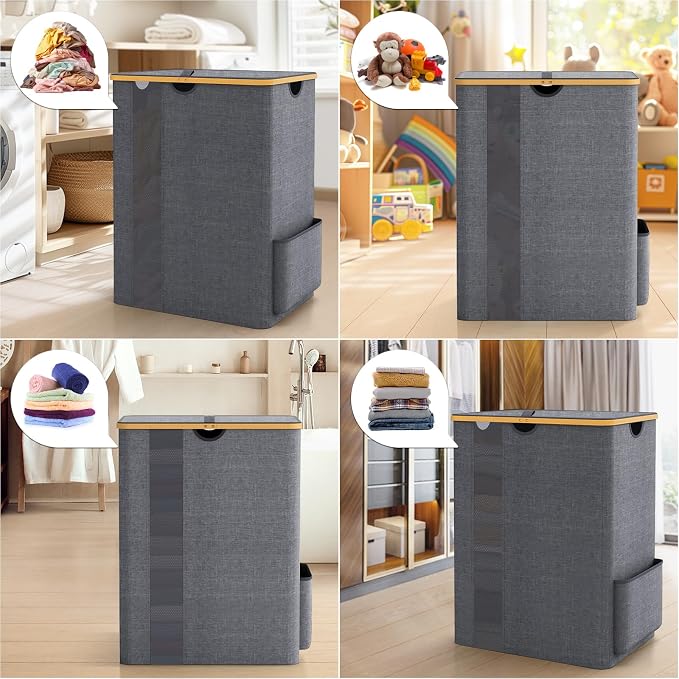 BlissTotes Laundry Basket with Lid, 150L Clothes Laundry Hamper with Handles and 2 Removable Laundry Bag, Breathable Design Hamper with Lid for Bedroom, Bathroom, Dorm, Laundry Room - Light Grey - Image 6