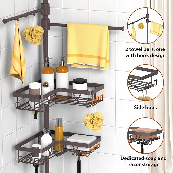 KEGII Shower Caddy Tension Pole with 2 Towel Bars, Adjustable Corner Bathroom Organizer, Rustproof Bathtub Storage Shelves for Shampoo, 25–114.2 Inch Shower Corner Rack for Renters & Family, Bronze - Image 2