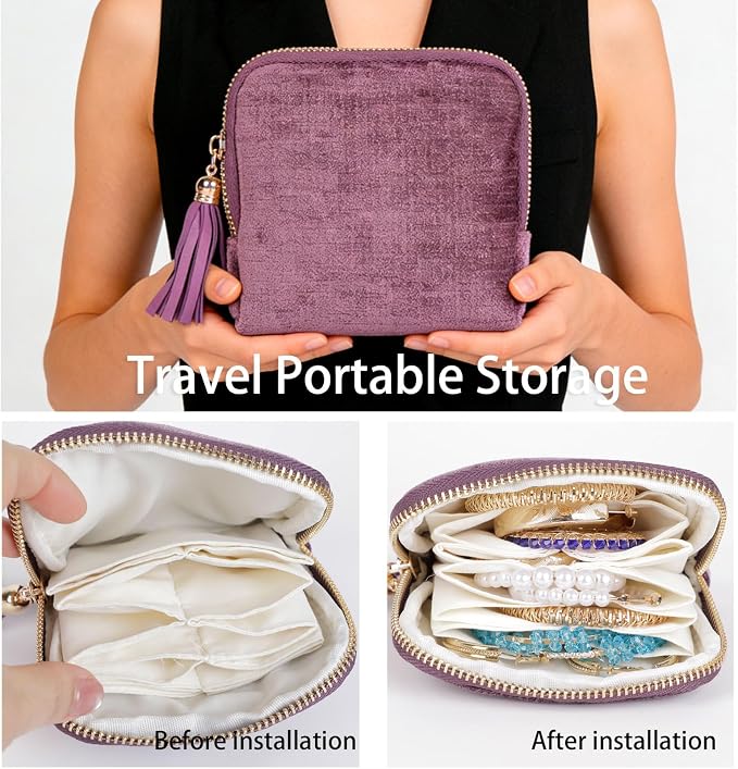 ASINGYER Travel Jewelry Storage Bag for Women, Velvet Portable Jewelry Organizer with Tassel Zipper, Small Pouches for Bracelets Necklaces Rings Earrings, Wedding Gift for Women (purple) - Image 3