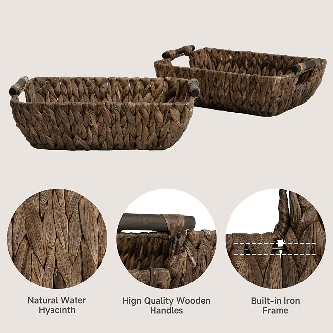 StorageWorks Wicker Baskets for Organizing, Woven Basket with Wooden Handles, Wicker Storage Baskets for Shelf, Brown, 2-Pack - Image 3