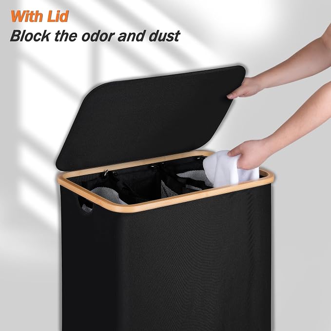 efluky Laundry Hamper with Lid, Trio Laundry Hamper with 3 Removable Bags, 3 Section Laundry Basket with Bamboo Handles for Bathroom, Bedroom & Laundry Room, 160L Black - Image 3