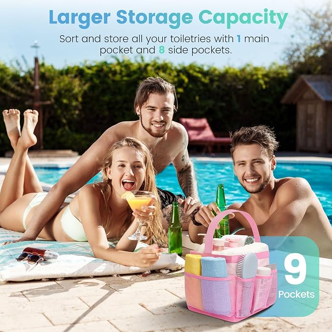 Shower Caddy Portable for College Dorm Room Essentials for Girls with 9 Pockets,Large-Capacity Shower Basket,Quick Dry Toiletry Tote Bag,Outdoor Gym,Travel,Swim,Beach Camping Essentials-Black and Pink - Image 2