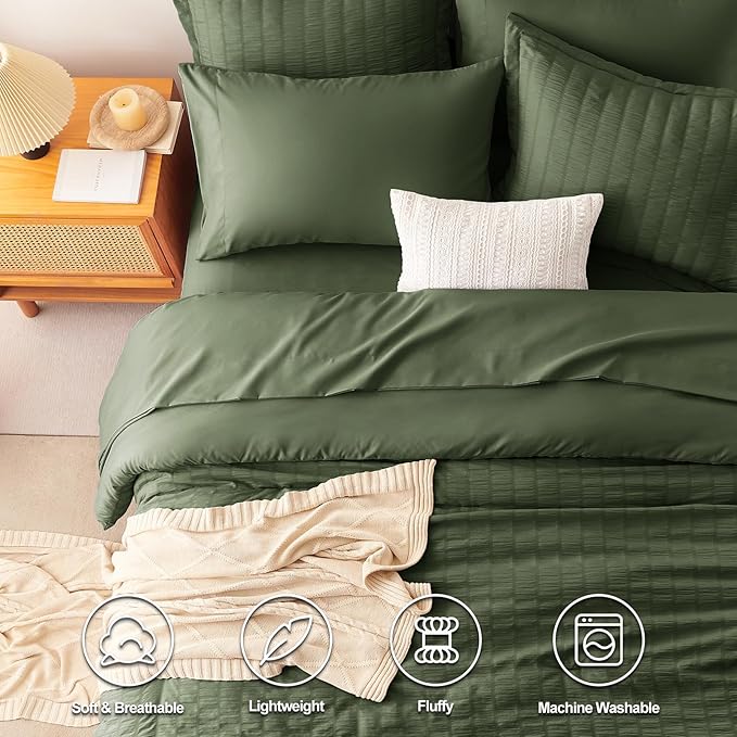 CozyLux King Size Comforter Set Olive Green Seersucker 7 Pieces Bed in a Bag King Comforter Set with Sheets, Luxury Soft Bedding Sets with Down Alternative Comforter, Sheets, Pillowcases & Shams