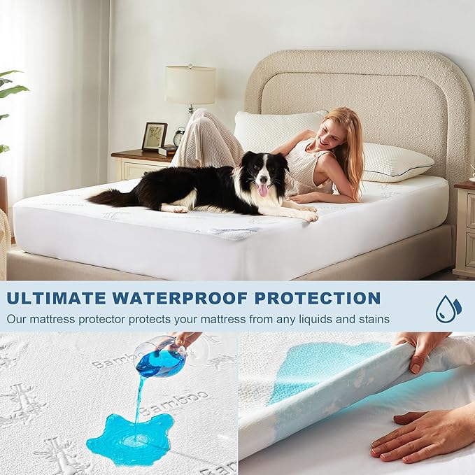 BEDLORE Queen Size Waterproof Mattress Protector Viscose Derived from Bamboo, Soft Mattress Cover Fitted with Deep Pocket 6"-18", Breathable Noiseless Mattress Pad, Machine Washable(White)