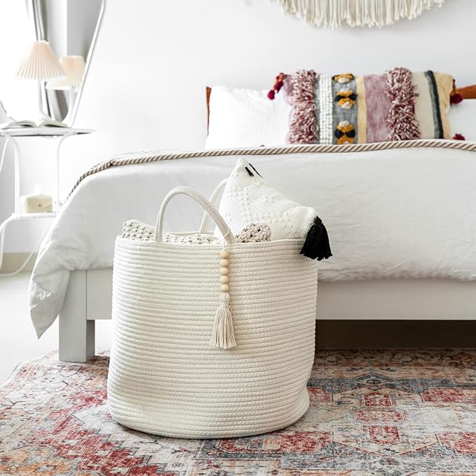Mkono Woven Storage Basket Decorative Natural Rope Basket Wooden Bead Decoration for Blankets,Toys,Clothes,Shoes,Plant Organizer Bin with Handles Living Room Home Decor, White, 16" W × 13.8"L - Image 2