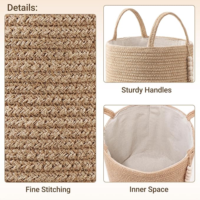 Mkono Woven Storage Basket Decorative Natural Rope Basket Wooden Bead Decoration for Blankets,Toys,Clothes,Shoes,Plant Organizer Bin with Handles Living Room Home Decor, Jute, 16" W × 13.8"L - Image 9