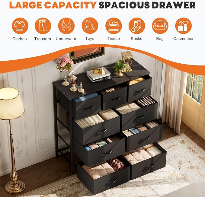 Sweetcrispy 9-Drawer Fabric Dresser Storage Tower with Wood Top and Steel Frame, Organizer Chest with Easy Pull Handles for Bedroom, Closet, Hallway,Classic Black - Image 4