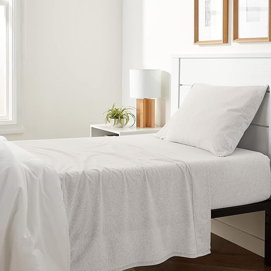 Amazon Basics 3 Piece Breathable, Stretchy 100% Cotton Jersey Knit Bed Sheet Set, Includes Flat and Fitted Sheets, Pillowcase, Light Weight, Machine Washable, Twin, Oatmeal, Solid