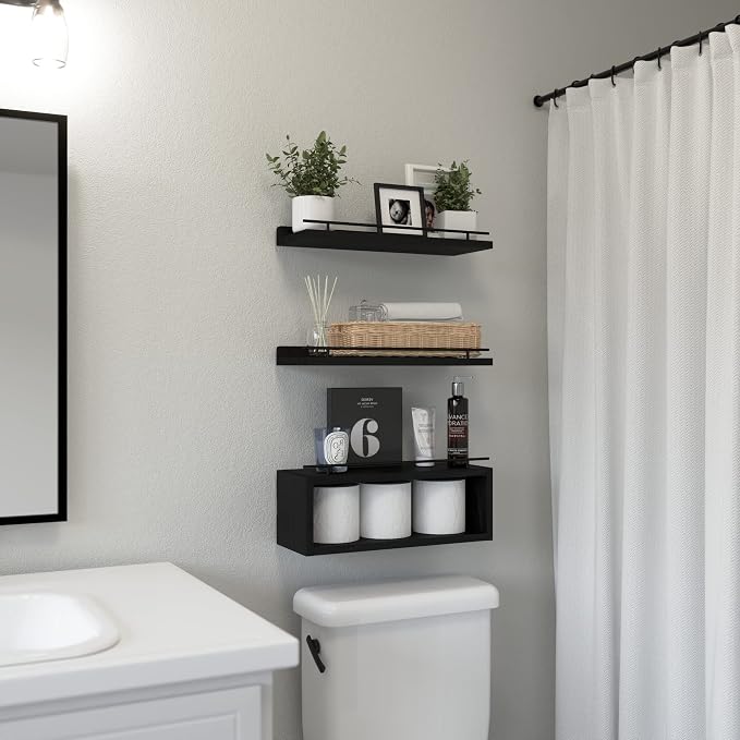 WOPITUES Floating Shelves for Wall with Cube Shelf, Wall Shelves with Metal Rail for Bathroom Decor, Bathroom Organizers and Storage, Over Toilet Shelves for Toilet Paper-Black - Image 2