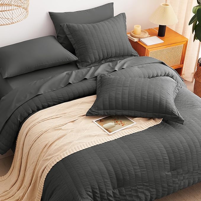 CozyLux Oversized King Comforter Set Dark Grey Seersucker 7 Pieces 120x98 Bed in a Bag Comforter Set with Sheets, Dark Gray Luxury Bedding Sets Down Alternative Comforter, Sheets, Pillowcases & Shams