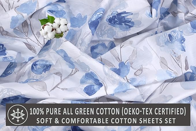 RUVANTI 100% Cotton Sheets – King Size Percale Bedding, Cooling & Breathable Floral Design, Durable with a Crisp, Soft & Comfortable Feel, 16" Deep Pocket, 4-Piece Set, Monotones