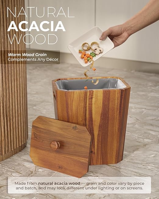 BLUEWEST 2.6 Gallons Acacia Wooden Wastebasket with Lid & PP Liner – Small Trash Can for Bathroom, Bedroom, Office – Decorative Wood Bin with Handle for Under Counter Use - Image 3