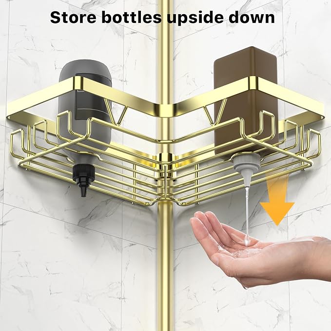 KEGII Corner Gold Shower Caddy Tension Pole - 4-Tier Rustproof Shower Rod Organizer, Floor to Ceiling Tension Rod 25-114.2 inch, Stainless Steel Corner Shower Shelf, Waterproof - Image 5
