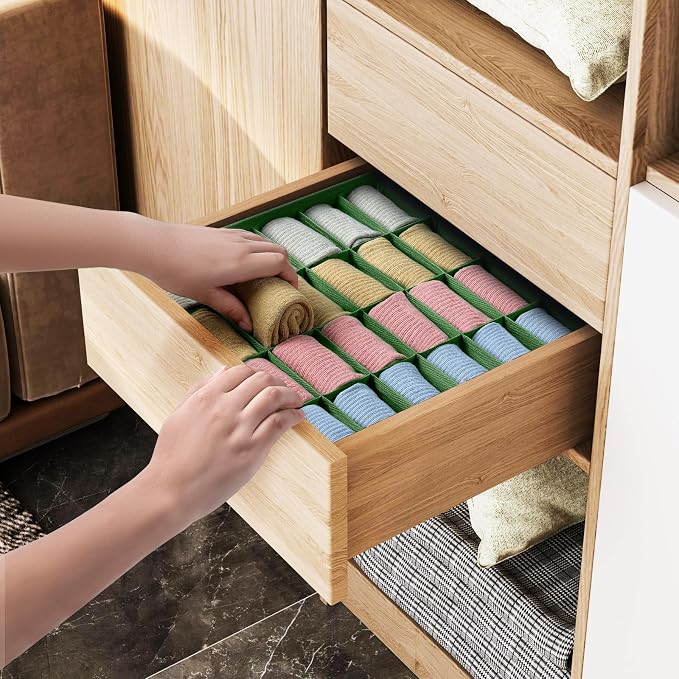 Joyoldelf Sock Drawer Organizer Divider 2 Packs Underwear Organizer, 24 Cell Closet Organizers and Storage Organizer Sock Holders Organizers for Storing Socks, Handkerchiefs, Ties, Belts (Green) - Image 4