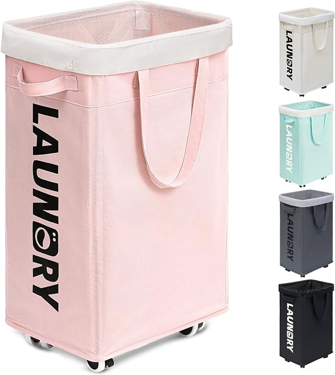 Goodpick Pink Laundry Basket with Wheels, Dorm Room Essentials for Girls, 75L Collapsible Laundry Basket, Laundry Hamper with Handle for College Dorm by Goodpick