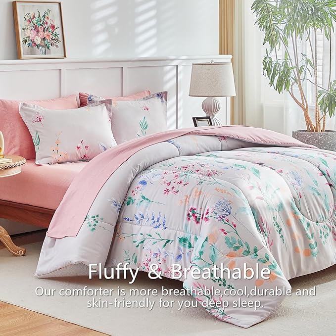 AIKASY 7-Piece Comforter Set Bed in a Bag, Queen Size, Floral Watercolor Pattern - Bedding Set with Comforter, Pillow Shams, Fitted Sheet, and Pillowcases - Soft and Cozy All-Season (Pink Floral)