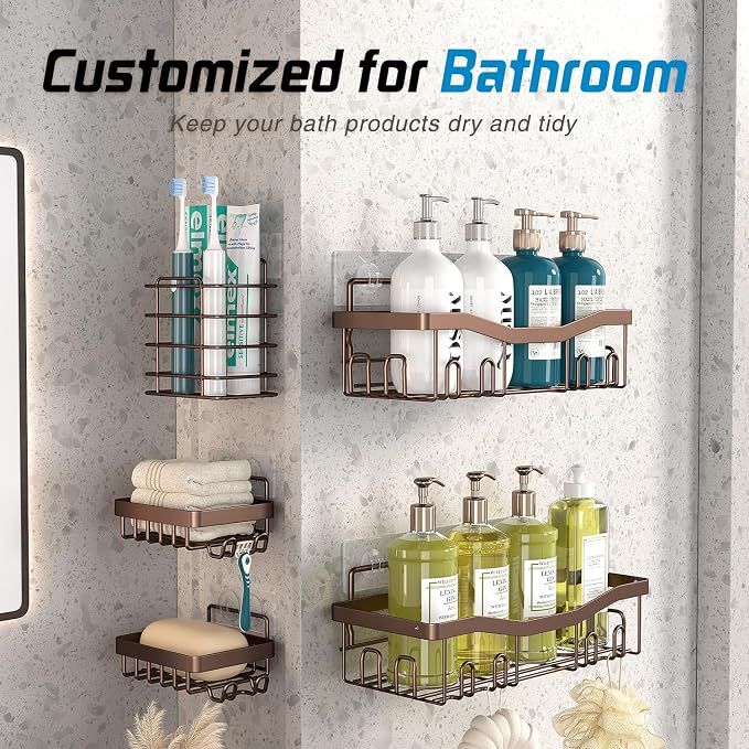 Youvip Adhesive Shower Caddy, No Drilling Bath Organizers 5 Pack, Rustproof Shelves with Soap Holder & Toothbrush Holder, Bathroom Organizers and Storage, Bronze - Image 2