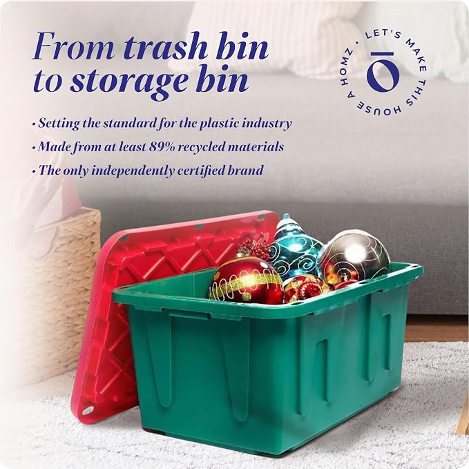 HOMZ 4-Pack Durabilt, Heavy Duty Plastic Storage Bins with Lids, 27 Gallon, Red/Green - Stackable Container Boxes for Holiday, Attic, and Garage Organization - Image 7
