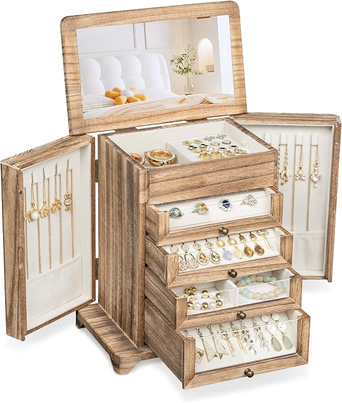 Large Jewelry Box & Organizer for Women, Wooden Jewelry Storage with 4 Transparent Drawers, Holds Necklaces, Rings, Bracelets, Earrings and Watches(Brown) by Unknown