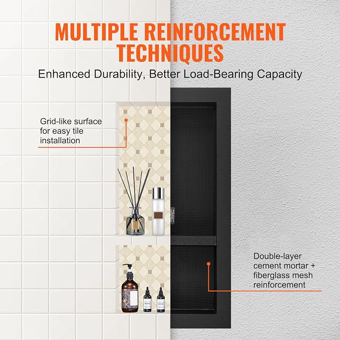 VEVOR Shower Niche Ready for Tile 16" x 32", Double Shelf Organizer, Square Corners Wall-inserted Niche Recessed, Sealed Protection Modern Soap Storage Niche for Shower Bathroom, Black - Image 6