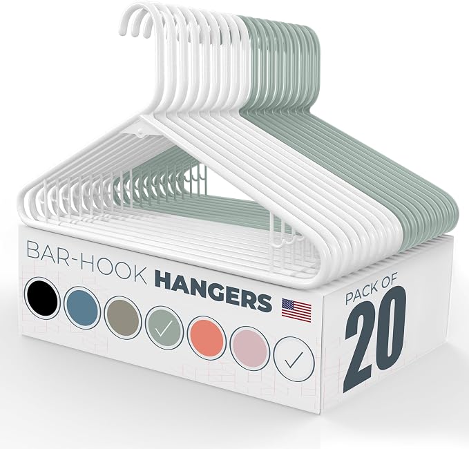 Neaties Plastic Hangers 20 Pack - Made in the USA - 6lb Capacity Standard Clothes Hangers with Strap Hooks for Dresses, Lingerie, Shirts, Pants, and Jackets - White & Mint by NeatiesHangers