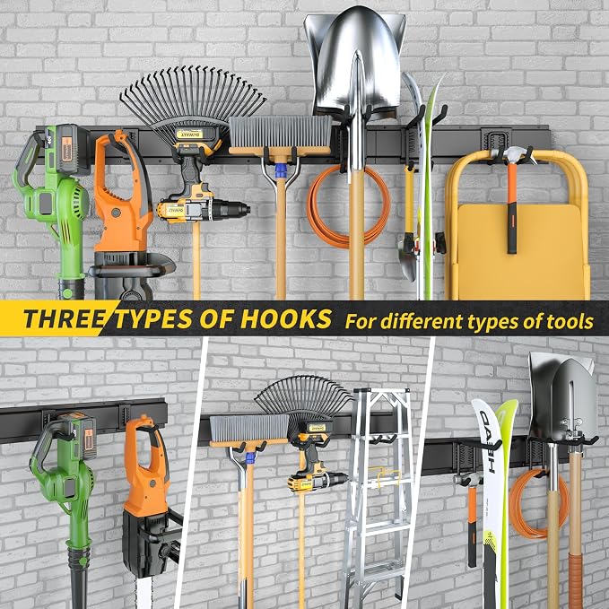 64 Inches Garage Storage, UUP Garage Organization Wall Mount Garden Tool Organizer, 620lbs Adjustable Metal Hooks, Yard Shed Rail Rack, Lawn Tool Holder for Hanging Rake Broom Mop Snowboard, Home Gift - Image 6