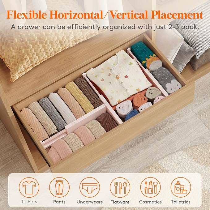 Lifewit 5 Pack 4" High Drawer Dividers 28-43.5cm/11-17" Adjustable Drawer Organizer for Clothes/Utensils, Expandable Drawer Separator in Dresser/Kitchen/Bedroom/Office Organization & Storage Pink - Image 4