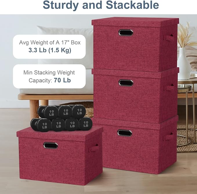 Graciadeco Large 17" 36 Quart Collapsible Stackable Storage Bins with Lids, 3 Packs Bright Red Linen Fabric Closet Boxes with Lids, Storage Cube Baskets Container Organizers for Office (17x12x11) - Image 3