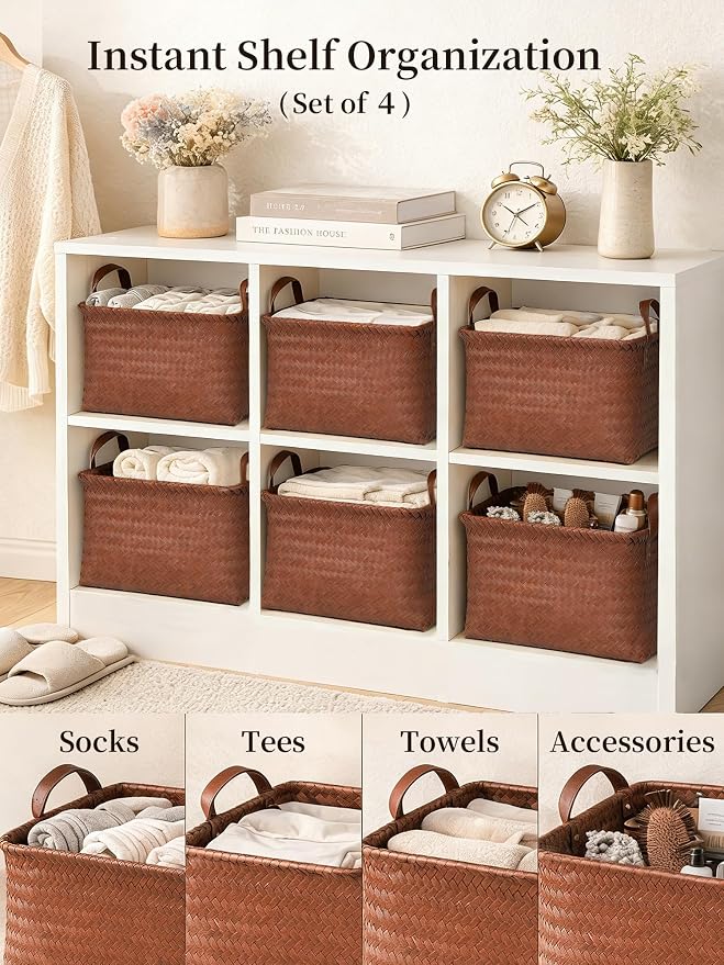 Hand Woven Baskets for Storage, 4Pcs Water-Resistant Wicker Baskets, Brown Wicker Storage Baskets for Shelves, Large Basket with Handle for Organizing, Clothes, Laundry, Blanket - Rectangular - Image 2