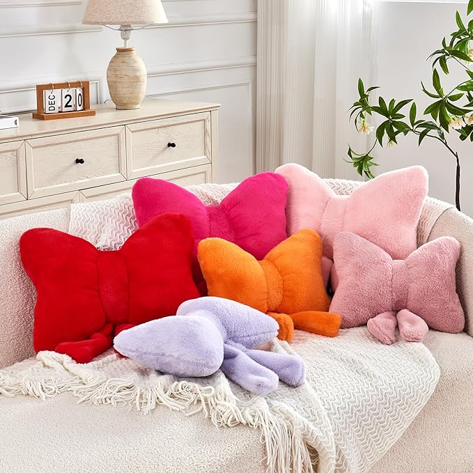 XVTRU Hot Pink Bow Pillow, Soft Bow Decorative Pillows with Faux Rabbit Fur, Cute 16" Bow Throw Pillows, Aesthetic Home Decor Bow Shaped Plush Pillow for Bedroom Sofa Couch
