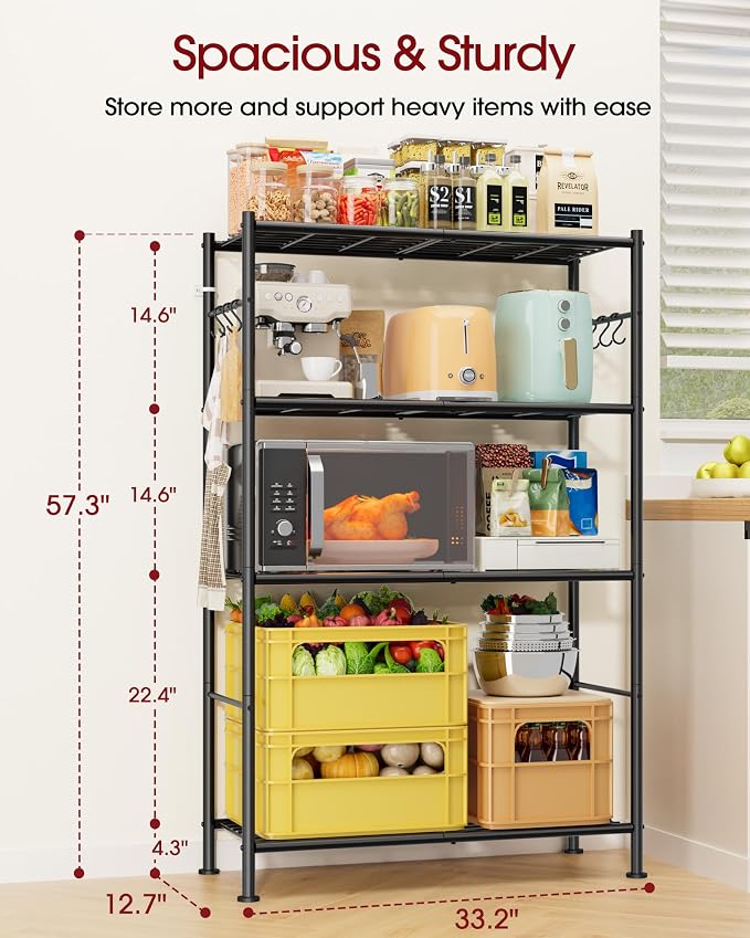 Sakugi Storage Shelves - 4-Tier Spacious Shelf Organizer with Hooks & Leveling Feet, Easy to Assemble, Rust-Resistant Garage Shelving for Kitchen, Pantry, Bedroom, 33.2" x 12.7" x 57.3", Black - Image 3