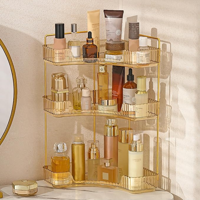 Aveniee Corner Bathroom Counter Organizer, Bathroom Countertop Shelf Makeup Organizer for Vanity Perfume Tray for Corner Storage (3 Tiers, Gold) by Aveniee