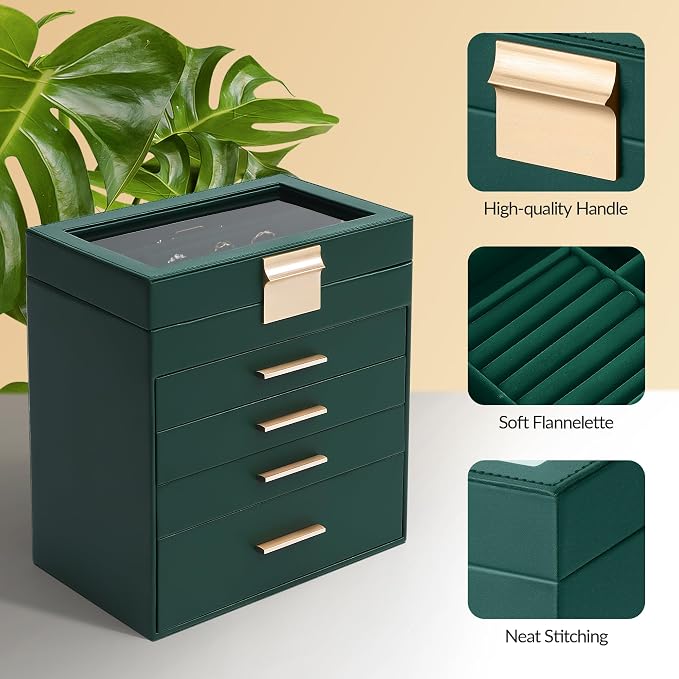 Somduy Jewelry Box, 5 Layers Jewelry Storage Display Box with Glass Lid for Women, 4 Drawers,Large Capacity for Necklace Earrings Bracelets Rings, Green - Image 6