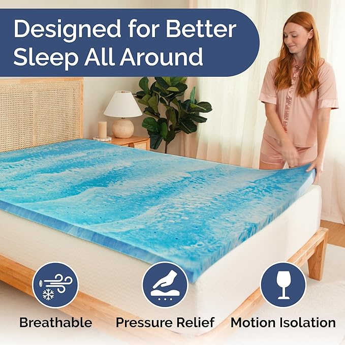 Super Soft Memory Foam Mattress Topper Short Queen Size - 3 Inch Breathable Gel Infused Memory Foam - Plush Feel Ventilated Mattress Pad - Pressure & Pain Relief Bed Topper - CertiPUR-US & Oeko-Tex