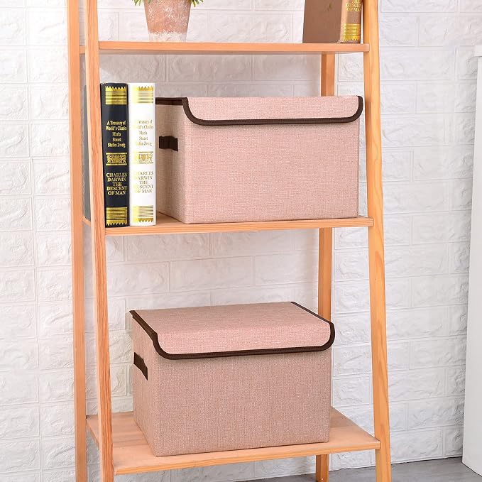 Bagnizer Linen Fabric Foldable Storage Cube Bin Organizer Basket with Flip-Top Lid & Handles, Large Clothes Blanket Box for Home, Office, Closet, Pink, 4 Pack 14.6 x 9.5 x 9.5” - Image 3