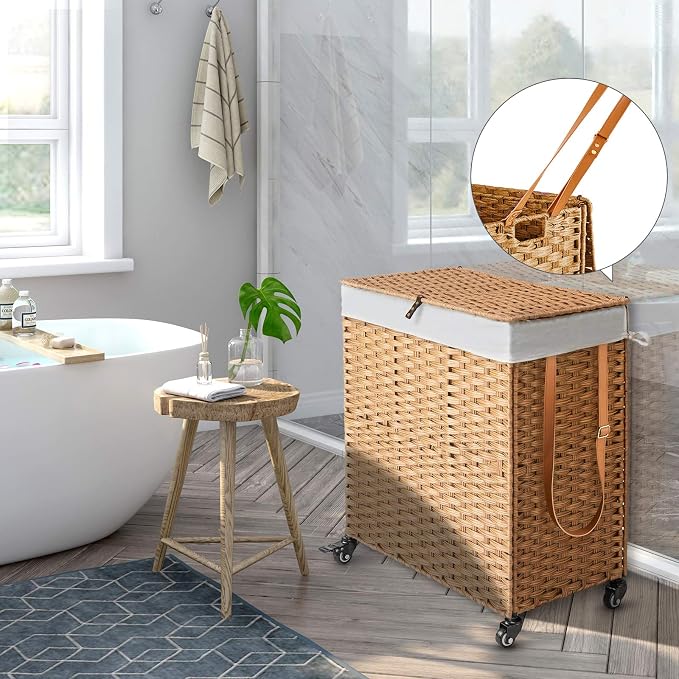 Greenstell Laundry Hamper with Wheels, No Install Needed, 90L Divided Handwoven Hampers & 2 Removable Liner Bags, Synthetic Rattan Clothes Laundry Basket with Lid & Handles, Foldable Hampers Natural - Image 2