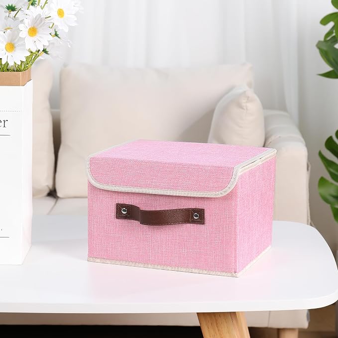 ANMINY Storage Bin with Lid Storage Boxes with PU Leather Handles PP Plastic Board Decorative Foldable Lidded Cotton Linen Fabric Home Cubes Baskets Closet Organizer Container - Pink, Small Size - Image 9