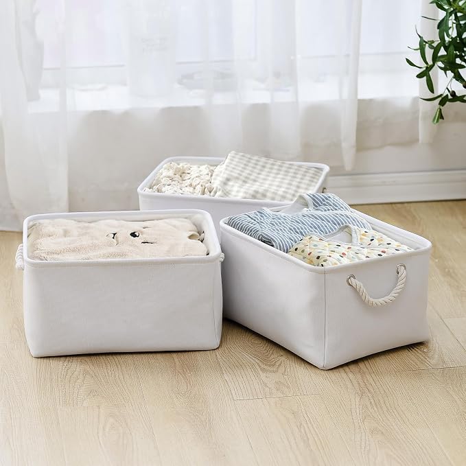 TheWarmHome Storage Basket for Gifts Empty - Large 3 Pack 15.7x11.8x8.2 inch Storage Basket for Organizing with Handles, Canves Storage Bins for Organizer Closet Toy Cubes Gift (White) - Image 4