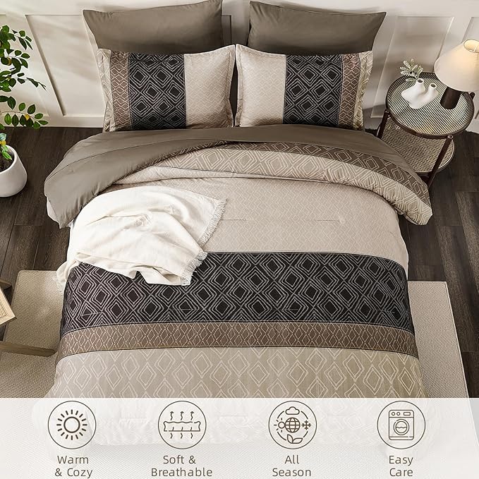 Dinjoy Boho Queen Comforter Set Light Brown,7 Piece Bed in a Bag Queen Size Warm Striped Bedding Sets with Plaid Fall Comforters Bed Set with Sheets for Family All Season