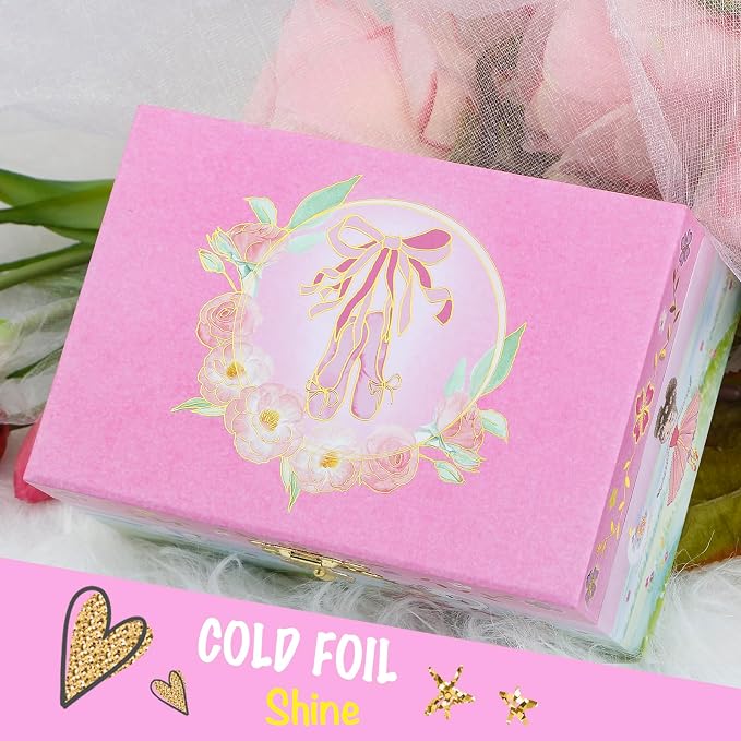 Kids Musical Jewelry Box for Girls- Glitter Storage Box and Jewelry Set- Ballet Birthday Gifts for Little Girls, Ballerina Theme - Swan Lake Tune Pink， 6 x 4.7 x 3.5 in - Ages 3-10 - Image 6