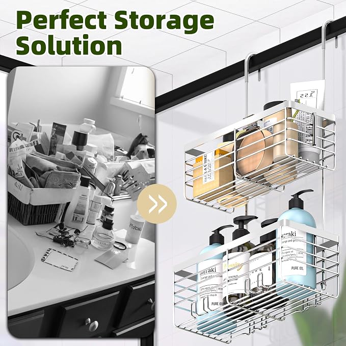 YUOROS Shower Caddy Hanging, 2 Tier Over the Door Shower Organizer Rack 304 Stainless Steel Rustproof Bathroom Storage Shampoo Holder Basket (Silver) - Image 4