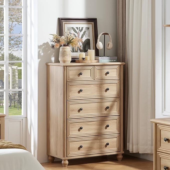 RWYHG Farmhouse 6 Drawer Dresser, 15.75"D x 31.5"W x 43.5"H Chest of Drawers for Bedroom, Natural Tall Dresser with 4 Solid Wood Feet, Wood Storage Dressers Organizer for Living Room Hallway Closet