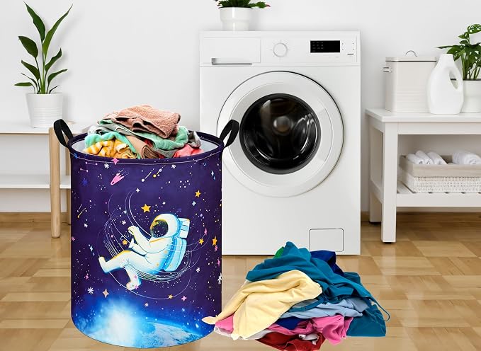 Collapsible Kids Laundry Basket Clothes Hamper, Foldable Storage Organizer Bin, Toy Clothes Storage with Handles for Boys Girls Bedroom, Room Decor Astronaut - Image 3