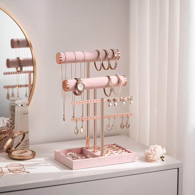 bussdis 3 Tier Bracelet Holder Display - Detachable T Bar Pink Velvet Bracelet Holder, Jewelry Holder Organizer for Bracelet, Necklace, Earrings, Rings - Image 6