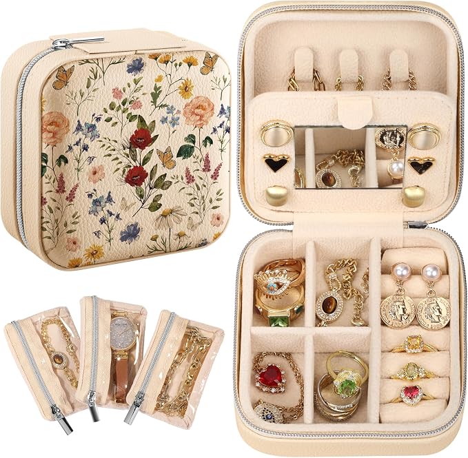 Bistup Travel Jewelry Case - Small Jewelry Organizers and Storage Box for Women Girls Teens Cute Traveling Jewelry Holder with Mirror Little Tiny Compact Flower Floral Modern Unique Aesthetic Pretty by Bistup