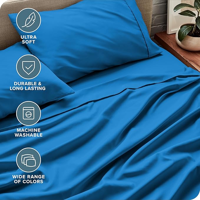 Bare Home Twin XL Sheet Set - 1800 Ultra-Soft Microfiber Twin Extra Long Bed Sheets - Double Brushed - Deep Pockets - Easy Fit - 3 Piece Set - Bedding Sheets & Pillowcases (Twin XL, Medium Blue)