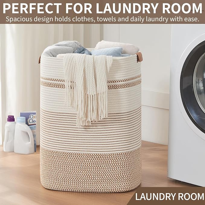 AINUOQI Laundry Basket with Handles - Blanket Basket & Hampers for Bedroom Aesthetic, Laundry Hamper & Blanket Storage for Living Room, Clothes Hamper, Tall, Large 17" x 14" x 22”, Brown & White - Image 5