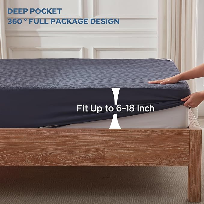 BEDLORE 2 Pack Waterproof Mattress Protector, Queen Size Pad Noiseless with Deep Pocket Fitted for 6"-18", Soft Breathable Dirt Proof Bed Mattress Cover Washable for Home, Bedroom, Hotel (Navy Blue)