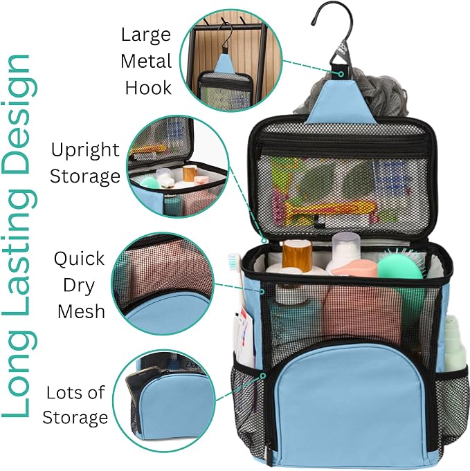 TERRA HOME College Dorm Room Essentials for Girls - Shower Caddy Dorm - Original, Portable, Durable, Roomy, Foldable Water Resistant Shower Bag in Light Pink with Metal Hook for Hanging (Light Blue) - Image 4