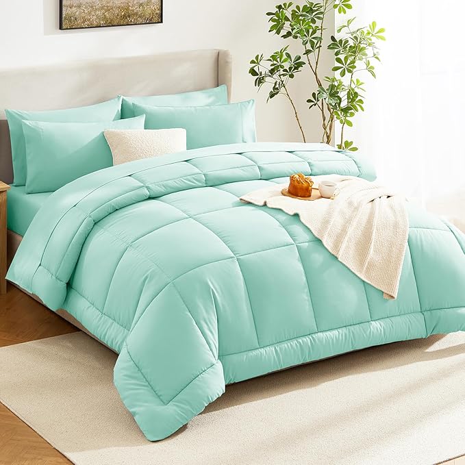 CozyLux Full Size Comforter Sets Mint Green, 7 Pieces Bed in a Bag, Green Comforter Full Size, All Season Bedding Sets with Stitch Quilted Comforter, Flat Sheet, Fitted Sheet, Pillowcases